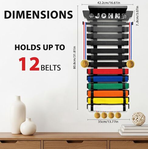 ESSENTURA 12 Belt Karate Belt Display Rack with Trophy Mount, Bamboo, Themed Stickers, Medal Hangers - Taekwondo Belt Display, Jiu Jitsu, BJJ, Martial Arts in Saudi Arabia