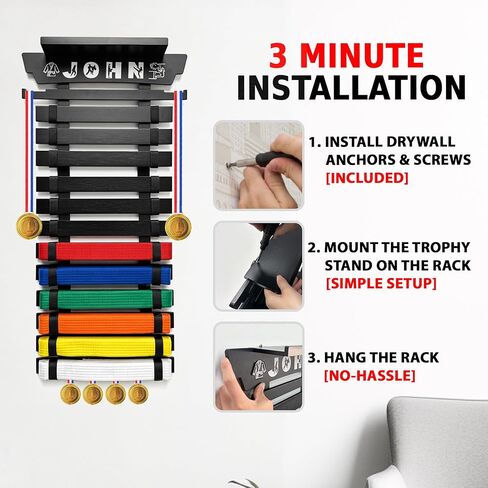 ESSENTURA 12 Belt Karate Belt Display Rack with Trophy Mount, Bamboo, Themed Stickers, Medal Hangers - Taekwondo Belt Display, Jiu Jitsu, BJJ, Martial Arts in Saudi Arabia