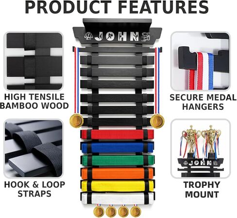 ESSENTURA 12 Belt Karate Belt Display Rack with Trophy Mount, Bamboo, Themed Stickers, Medal Hangers - Taekwondo Belt Display, Jiu Jitsu, BJJ, Martial Arts in Saudi Arabia