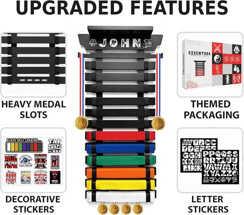ESSENTURA 12 Belt Karate Belt Display Rack with Trophy Mount, Bamboo, Themed Stickers, Medal Hangers - Taekwondo Belt Display, Jiu Jitsu, BJJ, Martial Arts in Saudi Arabia