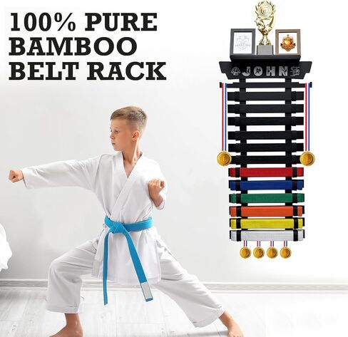 ESSENTURA 12 Belt Karate Belt Display Rack with Trophy Mount, Bamboo, Themed Stickers, Medal Hangers - Taekwondo Belt Display, Jiu Jitsu, BJJ, Martial Arts in Saudi Arabia