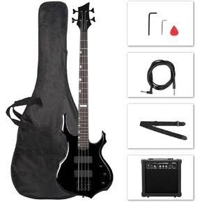 Ktaxon Electric Bass Guitar Full Size Flame Design Bass Set with 20 Watt Amplifier, Portable Bass Bag, Superior Amp Wire, Adjustable Guitar Strap, Plectrum, Wrench Tool(Matte Black) in Kuwait