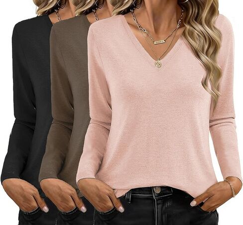 Ekouaer 3 Pack Long Sleeve Shirts for Women V Neck T Shirt Fall Casual Tops Basic Base Layer Undershirts Tees 2025 S-XXL in Saudi Arabia