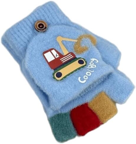 PVPXKQMZL Children's Gloves Excavator Boys' Autumn and Winter Cartoon Cute Half Finger Flip Knitted Wool Warm Gloves in Saudi Arabia