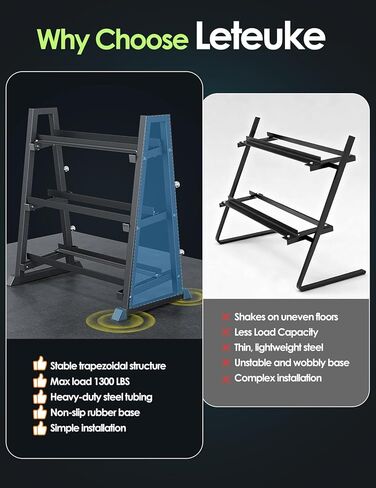 حامل دمبل من Leteuke، حامل وزن عالي التحمل مكون من 3 طبقات لصالة الألعاب الرياضية المنزلية، إطار شبه منحرف يوفر مساحة لتخزين الوزن للدمبل، وأجراس Kettlebell، والأثقال، وحامل حامل الدمبل فقط (سعة 1300 رطل) in Kuwait