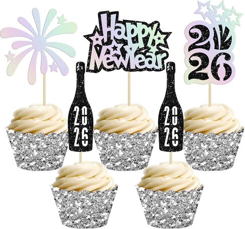 Gyufise 24Pcs 2025 Happy New Years Cupcake Toppers Gold Glitter 2025 Happy New Year Party Decorations for Happy 2025 Cheers to 2025 Hello 2025 New Years Eve Party Decorations Supplies in Kuwait