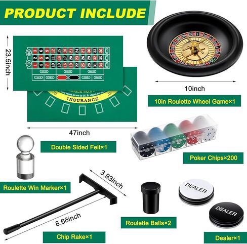 Lunmon Roulette Wheel Set Include 10 Inch Roulette Wheel, Double Sided Felt, 200 Chips, Chip Rake, Acrylic Marker, Dealer Poker Button for Casino Game Blackjack Night Party Holidays(Green) in Saudi Arabia