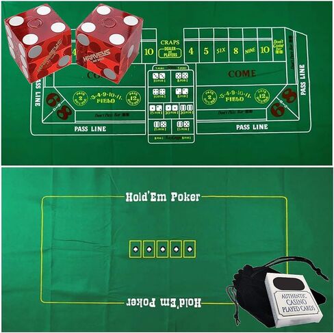 Cyber-Deals Craps & Texas Hold'em Poker Essentials Set: 2-Sided 6ft x 3ft Felt Layout, Nevada Casino Table-Played Dice & Cards, Plus Storage Pouch (Harvey's (Red Polished) - Lake Tahoe) in Saudi Arabia