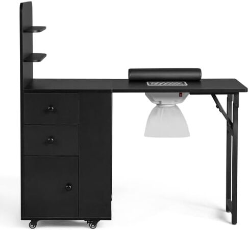 Black Folding Nail Art Desk with 2 Drawers & Storage Shelf, Portable Black MDF Beauty Table for Manicurist, Mobile Nail Technician Station with Cabinet Door, Compact Vanity Table in Saudi Arabia