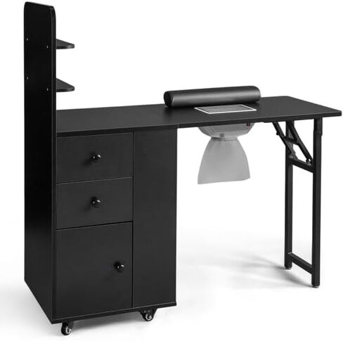 Black Folding Nail Art Desk with 2 Drawers & Storage Shelf, Portable Black MDF Beauty Table for Manicurist, Mobile Nail Technician Station with Cabinet Door, Compact Vanity Table in Saudi Arabia