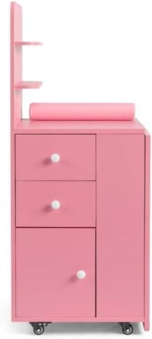 Pink Folding Nail Art Desk with 2 Drawers & Storage Shelf, Portable Pink MDF Beauty Table for Manicurist, Mobile Nail Technician Station with Cabinet Door, Compact Vanity Table in Saudi Arabia