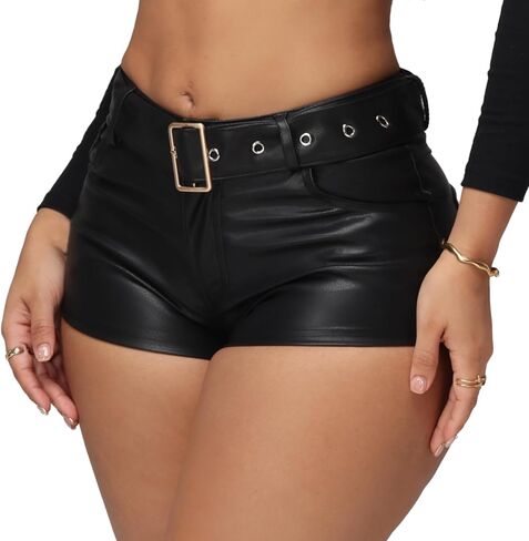 Women's PU Leather Micro Shorts High Waist Belted Mini Shorts Festival Rave Club Outfits in Saudi Arabia