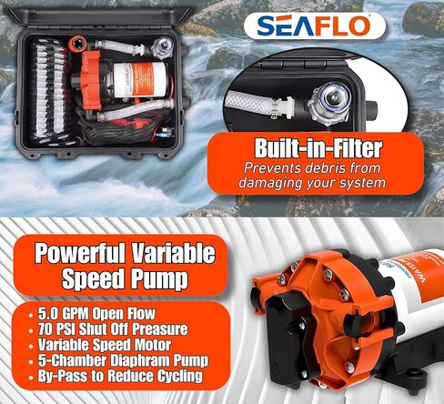 SEAFLO 56 Series Portable Washdown Pump Kit - 12V, 5.0 GPM, 70 PSI, IPX6 Waterproof, 16.4' UV-Protected Hose | For Marine, RV, and Outdoor Applications | 4-Year Warranty in Kuwait