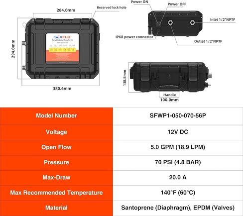 SEAFLO 56 Series Portable Washdown Pump Kit - 12V, 5.0 GPM, 70 PSI, IPX6 Waterproof, 16.4' UV-Protected Hose | For Marine, RV, and Outdoor Applications | 4-Year Warranty in Kuwait