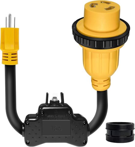 1.5FT Overload Protection 15 Amp to 30 Amp Marine Shore Power Adapter with Circuit Breaker, Nema 5-15P to L5-30R Twist Lock Boat Shore Power Cord for Yacht, 30A Receptacle to 110V 15A Household Plug in Saudi Arabia