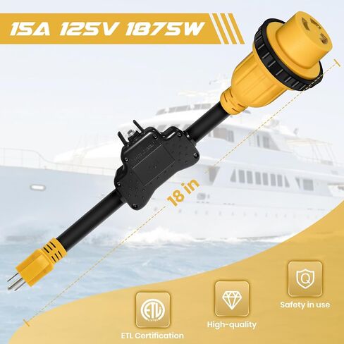1.5FT Overload Protection 15 Amp to 30 Amp Marine Shore Power Adapter with Circuit Breaker, Nema 5-15P to L5-30R Twist Lock Boat Shore Power Cord for Yacht, 30A Receptacle to 110V 15A Household Plug in Saudi Arabia
