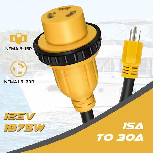 1.5FT Overload Protection 15 Amp to 30 Amp Marine Shore Power Adapter with Circuit Breaker, Nema 5-15P to L5-30R Twist Lock Boat Shore Power Cord for Yacht, 30A Receptacle to 110V 15A Household Plug in Saudi Arabia