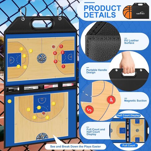 Wsixsui Magnetic Basketball Coaching Board | Foldable Leather Basketball Clipboard Kit for Coaches | Professional Basketball Tactic Board | Dry Erase Strategy Whiteboard | Carry Handle | Lightweight in Saudi Arabia