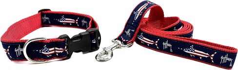Preston Heavy Duty Adjustable Dog Collar or Dog Leash - Ideal Dog Collars and Leashes Come in Different Sizes for All Dogs. Guy Harvey USA Marlin (Medium Collar 1.25 inch), Red, White, Blue in Kuwait