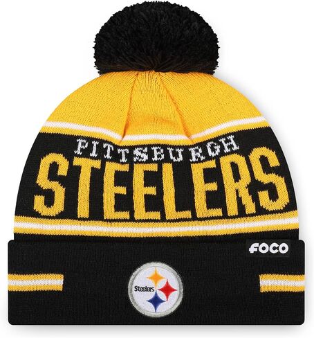 FOCO NFL Team Logo Big Wordmark Stripe Pom Beanie Hat in Saudi Arabia