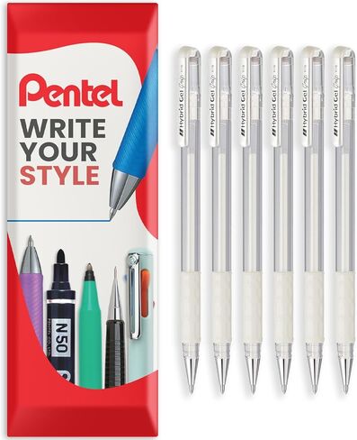 Pentel K118 Hybrid Gel Metallic Ink Pen - 0.8mm Tip Nib - With Rubber Finger Grip - White Ink (6) in Kuwait