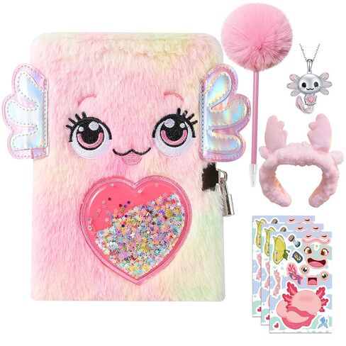 MOCETY Axolotl Diary with Lock, Gift, Secret Diary Journal Notebook with Plush Pen, 8 PCS Axolotl Stickers, Cute Axolotl Headband, Axolotl Necklace Axolotl Practical Gift for Birthday in Saudi Arabia