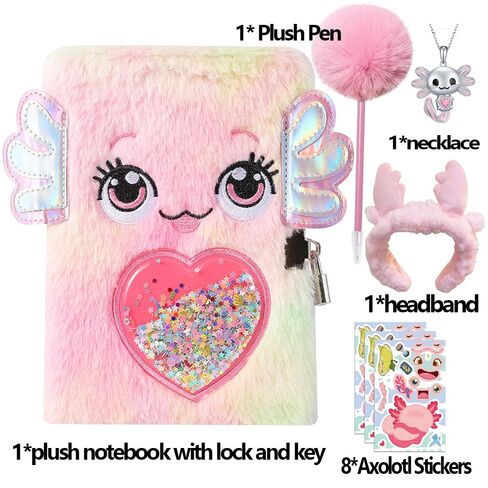 MOCETY Axolotl Diary with Lock, Gift, Secret Diary Journal Notebook with Plush Pen, 8 PCS Axolotl Stickers, Cute Axolotl Headband, Axolotl Necklace Axolotl Practical Gift for Birthday in Saudi Arabia
