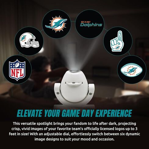 Sporticulture NFL American Football Miami Dolphins - جهاز عرض صغير LED قابل للتعديل مع 6 تصميمات لشعار الفريق - مصباح كشاف محمول وقابل لإعادة الشحن - يعمل بالبطارية - 4.375 بوصة × 3.125 بوصة in Kuwait