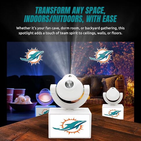 Sporticulture NFL American Football Miami Dolphins - جهاز عرض صغير LED قابل للتعديل مع 6 تصميمات لشعار الفريق - مصباح كشاف محمول وقابل لإعادة الشحن - يعمل بالبطارية - 4.375 بوصة × 3.125 بوصة in Kuwait