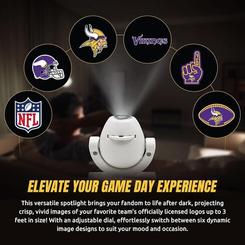 Sporticulture NFL American Football Minnesota Vikings - جهاز عرض كشاف صغير LED قابل للتعديل مع 6 تصميمات لشعار الفريق - مصباح كشاف محمول وقابل لإعادة الشحن - يعمل بالبطارية - 4.375 بوصة × 3.125 بوصة in Kuwait