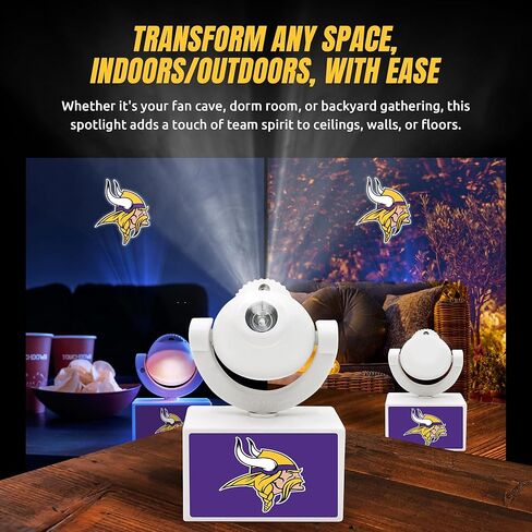 Sporticulture NFL American Football Minnesota Vikings - جهاز عرض كشاف صغير LED قابل للتعديل مع 6 تصميمات لشعار الفريق - مصباح كشاف محمول وقابل لإعادة الشحن - يعمل بالبطارية - 4.375 بوصة × 3.125 بوصة in Kuwait