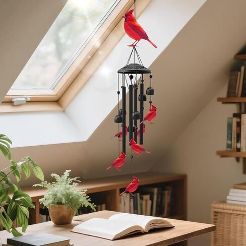 Cardinal Wind Chimes for Outside, Black Metal Windchimes with Red Cardinal Birds, Garden Yard Decor, Memorial Gift, Durable Outdoor Chimes (A) in Saudi Arabia