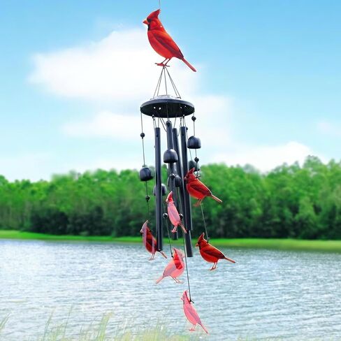 Cardinal Wind Chimes for Outside, Black Metal Windchimes with Red Cardinal Birds, Garden Yard Decor, Memorial Gift, Durable Outdoor Chimes (A) in Saudi Arabia