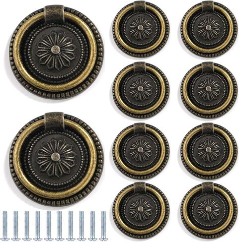 KEXYOAN Drawer Knobs 10 Pcs Vintage Bronze Drop Ring Pull Knob Antique Kitchen Cabinet Suitable for Dressing Table Bathroom Hardware(2 Inch/51mm Diameter) in Kuwait