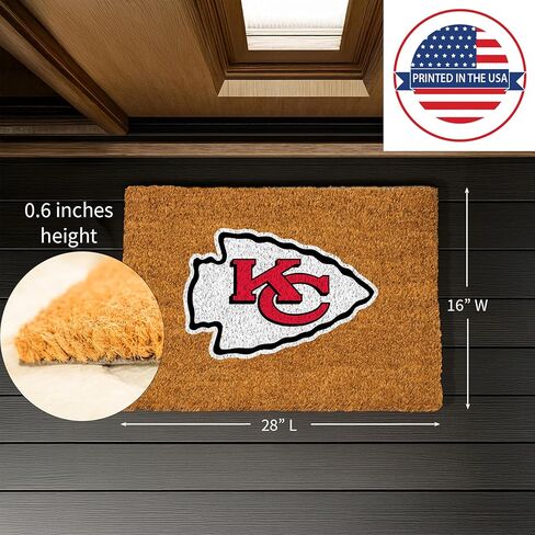 ممسحة أرجل من ألياف جوز الهند الطبيعية من NFL Kansas City Chiefs، شعار الفريق الرسمي بالألوان الكاملة، 28 × 16 بوصة، ظهر غير قابل للانزلاق، سجادات أرضية للترحيب بالباب الأمامي، ديكور منزلي لمدخل داخلي وخارجي in Saudi Arabia