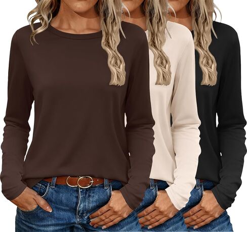 ekouaer 3 حزمة قمصان طويلة الأكمام للنساء طاقم الرقبة قمم حرارية خفيفة الوزن طبقة أقل من tees 2025 s-xxl in Saudi Arabia