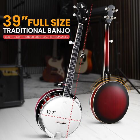 Pyle 5 String Resonator Banjo - Full Size 24 Bracket, Geared 5th Tuner Professional Instrument w/Remo Drum & Hardwood Back - Full Beginner Starter Kit Gig Bag, Tuner, Strings, Picks, Strap, tools in Saudi Arabia