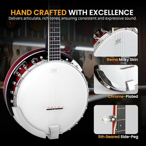 Pyle 5 String Resonator Banjo - Full Size 24 Bracket, Geared 5th Tuner Professional Instrument w/Remo Drum & Hardwood Back - Full Beginner Starter Kit Gig Bag, Tuner, Strings, Picks, Strap, tools in Saudi Arabia