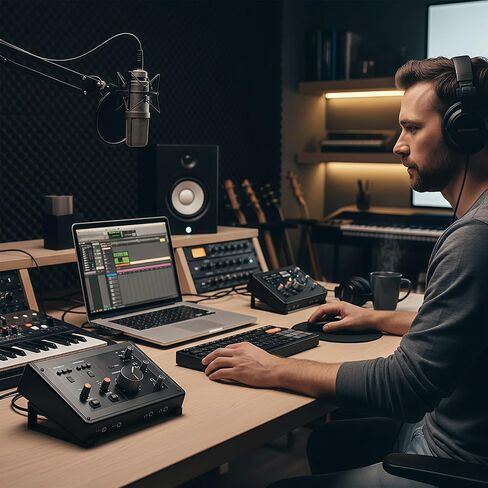 Musiin Audio Interface Stand compatible with SSL2+ MK2,ID14 MK2,ID4 MK2,Apollo X 4,and more.Minimal design with solid triangle frame saves space and keeps your setup stable and professional (black) in Kuwait