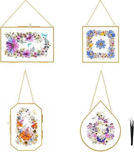 Babufine 3 PCS إطارات زهرة مضغوطة مع ملاقط ، جدار زجاجي مزدوج معلق للزهور المضغوطة ، إطارات الصور النحاسية مع سلسلة معدنية لنباتات الزهور المجففة عرض الأعمال الفنية in Saudi Arabia