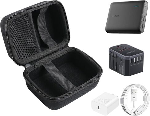 قضية محول السفر الواقية الصلبة ، متوافقة مع Ceptics/Tessan/Epicka/Newvanga/Vylee International Power Adapter (Bank Storage Power ، Charger ، Cable) in Kuwait