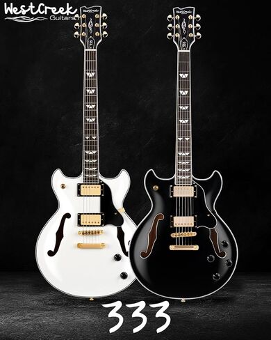 جيتار كهربائي WestCreek 333، جيتار كهربائي لموسيقى الجاز شبه مجوف، التقاطات ألنيكو هامبوكر، لوح فريتس من خشب الورد، رقبة من خشب القيقب، أطراف مستديرة، جسم من خشب القيقب، حجم كامل (أسود فارغ) in Kuwait