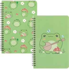 L1rabe 2 A5 Frog Spiral Notebooks Spring Back to School Cute Frog Playing Banjo Mushroom College Ruled Hardbound Notebooks, Travel Journal Diary Notepad for Kids Teens Students Easter Birthday Gifts