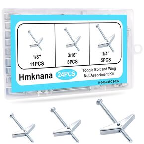 Hmknana 24PCS Toggle Bolt and Wing Nut Kit, Butterfly Anchors 3 Sizes 1/4" 3/16" 1/8" Heavy Duty Drywall Anchors and Screws for Drywall Hanging Heavy Items