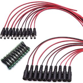 Real 18AWG 43x2pcs Copper Strands 2.1mm x 5.5mm, 10 Pairs DC Power Pigtail Cables Wire 12V 5A Male & Female + 10 Pairs DC Power Jack Plug Adapter Connectors for CCTV Home Security Surveillance