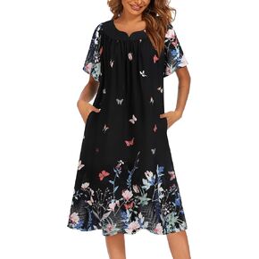 Ekouaer Womens Nightgown Short Sleeve House Dress with Pockets-Floral Print Mumu Dress Mumus for Women with Pockets Butterfly Sleep Dress S-XXXL
