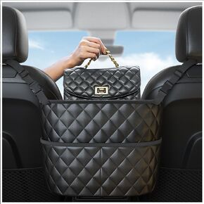 IHOTDER Car Purse Holder Between Seats - Large Capacity Leather Car Net Pocket Handbag Holder - Universal Car Storage Pocket for Phone,Key,Purse,Bottle,Umbrella