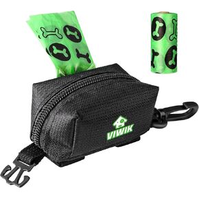 VIWIK Dog Poop Bag Holder for Leash, Dog Waste Bag Dispenser with 1 Roll of Pet Trash Bags and Carabiner Clip, Soft Portable Doggie Poop Bag Dispenser with Hand Free Holder Carrier, Black