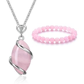 Jovivi Bundle of Rose Quartz Teardrop Crystal Necklace and Rose Quartz Stone Beads Bracelet for Women