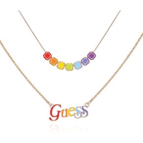 GUESS Goldtone Rainbow Glass Stones Logo Layered Necklace